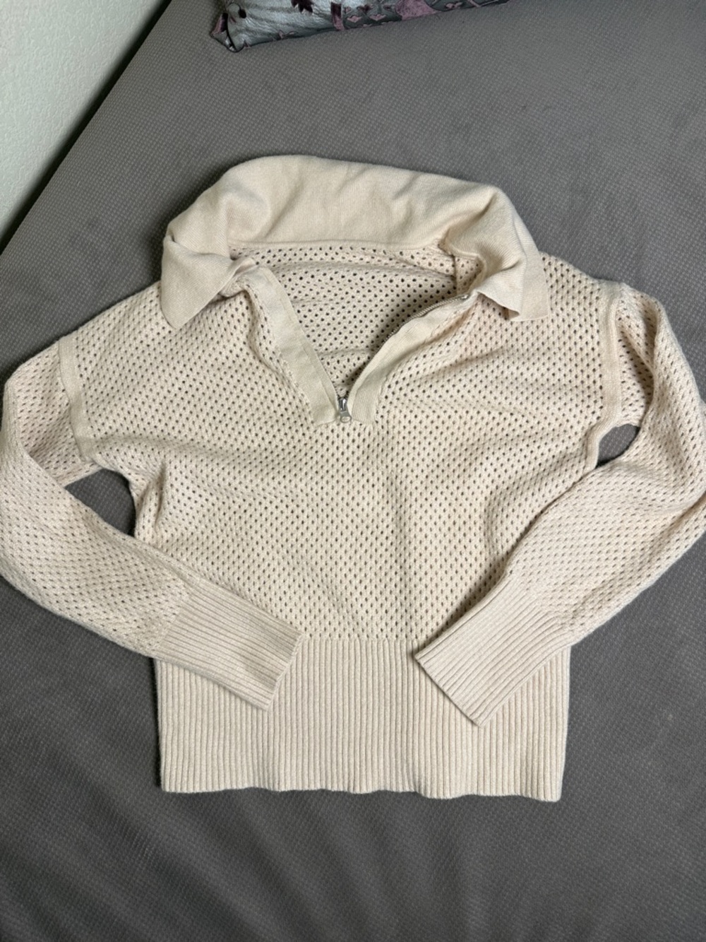 Amazon Cream Open-Knit V-Neck Zip Collared Sweater
